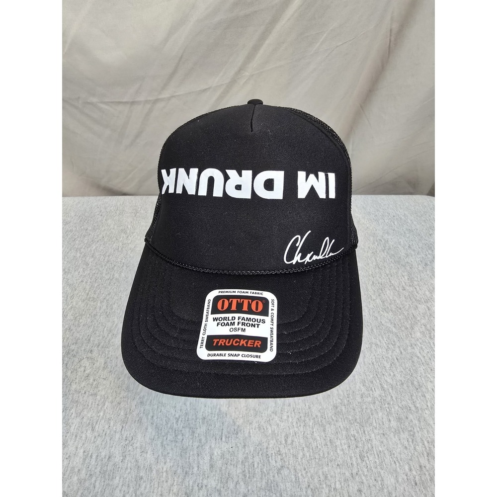 black Otto brand trucker hat featuring "I'M DRUNK" ID Apparel